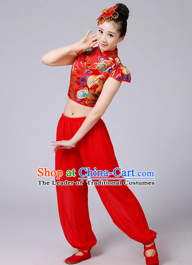 Traditional Chinese Yangge Fan Dancing Costume, Folk Dance Yangko Mandarin Collar Satin Dragon Blouse and Pants Uniforms, Classic Dance Elegant Dress Drum Dance Red Clothing for Women