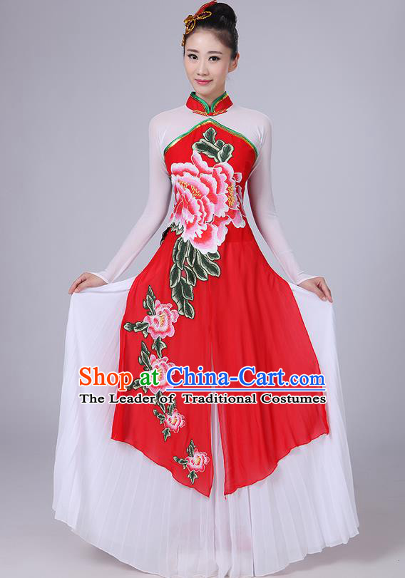 Traditional Chinese Yangge Fan Dancing Costume, Folk Dance Yangko Mandarin Collar Peony Painting Uniforms, Classic Dance Elegant Big Swing Dress Drum Dance Pink Clothing for Women