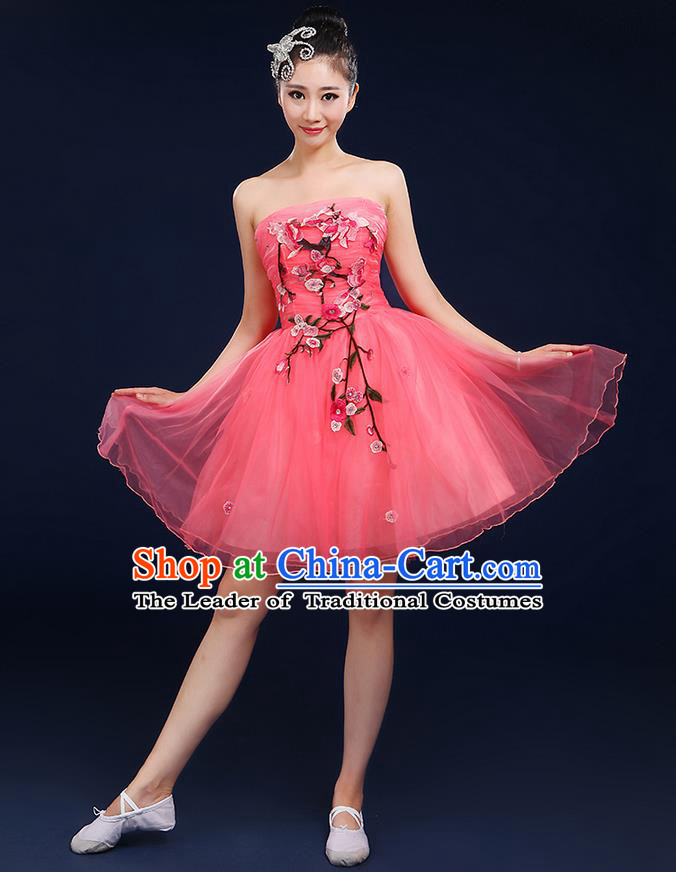 Traditional Chinese Modern Dancing Compere Costume, Women Opening Classic Dance Chorus Singing Group Embroidered Plum Blossom Bubble Uniforms, Modern Dance Classic Dance Big Swing Rose Short Dress for Women