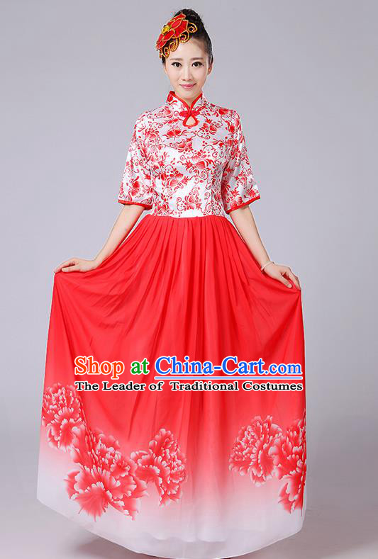 Traditional Chinese Style Modern Dancing Compere Costume, Women Opening Classic Chorus Singing Group Dance Mandarin Collar Peony Uniforms, Modern Dance Classic Dance Red Cheongsam Dress for Women