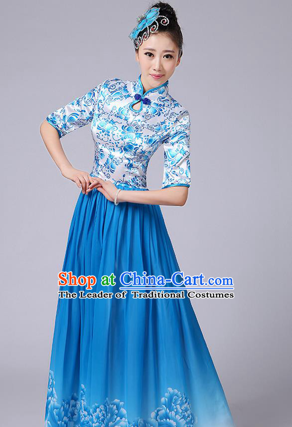 Traditional Chinese Style Modern Dancing Compere Costume, Women Opening Classic Chorus Singing Group Dance Mandarin Collar Peony Uniforms, Modern Dance Classic Dance Blue Cheongsam Dress for Women