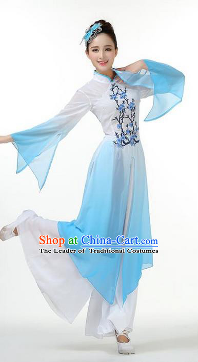 Traditional Chinese Yangge Fan Dancing Costume, Folk Dance Yangko Mandarin Sleeve Painting Plum Blossom Uniforms, Classic Dance Elegant Big Swing Dress Drum Dance Blue Clothing for Women