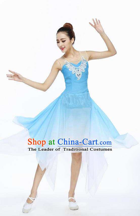 Traditional Modern Dancing Compere Costume, Women Opening Classic Chorus Singing Group Dance Dress, Modern Dance Classic Ballet Dance Blue Paillette Dress for Women