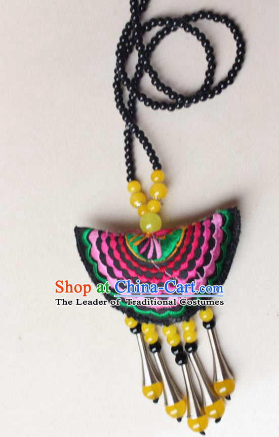 Traditional Chinese Miao Nationality Crafts Jewelry Accessory, Hmong Handmade Yellow Beads Tassel Double Side Embroidery Fan Pendant, Miao Ethnic Minority Necklace Accessories Sweater Chain Pendant for Women