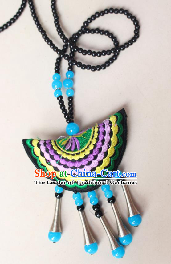 Traditional Chinese Miao Nationality Crafts Jewelry Accessory, Hmong Handmade Blue Beads Tassel Double Side Embroidery Fan Pendant, Miao Ethnic Minority Necklace Accessories Sweater Chain Pendant for Women