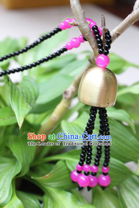 Traditional Chinese Miao Nationality Crafts Jewelry Accessory, Hmong Handmade Copper Bell Beads Tassel Pendant, Miao Ethnic Minority Avoid Evil Necklace Accessories Sweater Chain Pendant for Women