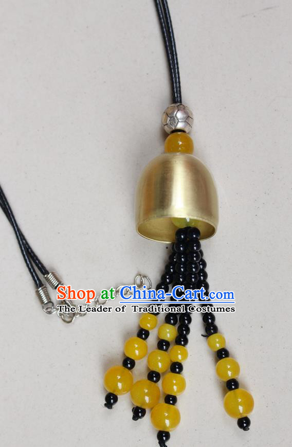 Traditional Chinese Miao Nationality Crafts Jewelry Accessory, Hmong Handmade Copper Bell Beads Tassel Pendant, Miao Ethnic Minority Avoid Evil Necklace Accessories Sweater Chain Pendant for Women