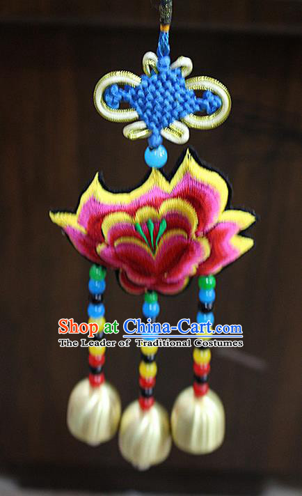 Traditional Chinese Miao Nationality Crafts Jewelry Accessory, Hmong Handmade Copper Bell Tassel Chinese Knot Embroidery Pendant, Miao Ethnic Minority Haven Evil Bell Car Accessories Pendant