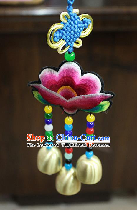 Traditional Chinese Miao Nationality Crafts Jewelry Accessory, Hmong Handmade Copper Bells Tassel Chinese Knot Embroidery Pendant, Miao Ethnic Minority Haven Evil Bell Car Accessories Pendant