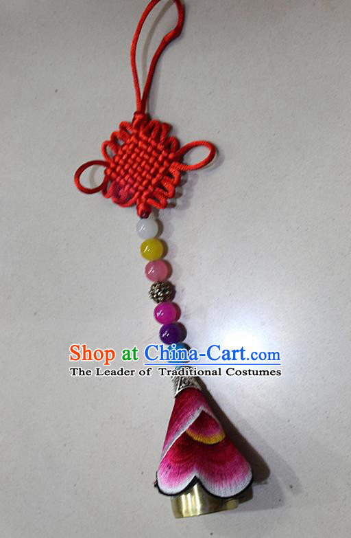 Traditional Chinese Miao Nationality Crafts Jewelry Accessory, Hmong Handmade Copper Bell Tassel Chinese Knot Embroidery Pendant, Miao Ethnic Minority Haven Evil Bell Car Accessories Pendant