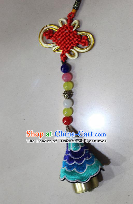 Traditional Chinese Miao Nationality Crafts Jewelry Accessory, Hmong Handmade Copper Bell Tassel Chinese Knot Embroidery Pendant, Miao Ethnic Minority Haven Evil Bell Car Accessories Pendant