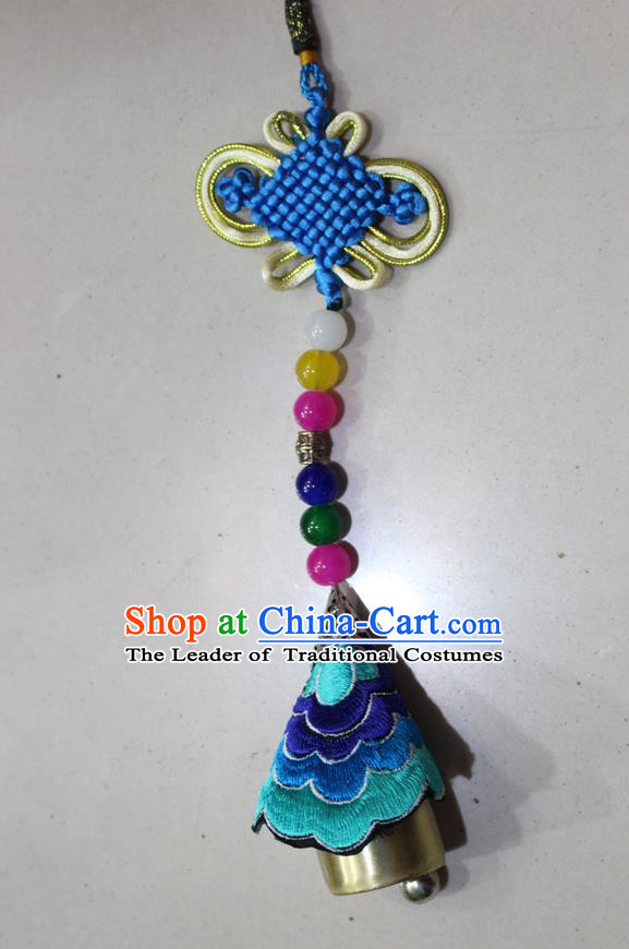 Traditional Chinese Miao Nationality Crafts Jewelry Accessory, Hmong Handmade Copper Bell Tassel Chinese Knot Embroidery Pendant, Miao Ethnic Minority Haven Evil Bell Car Accessories Pendant