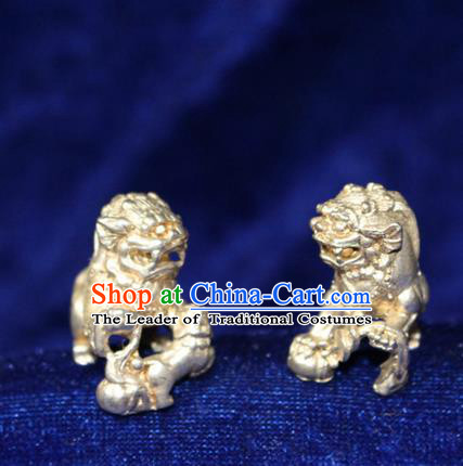 Traditional Chinese Miao Nationality Crafts Accessory, Hmong Handmade Miao Silver Double Lions Paper Weight, Miao Ethnic Minority Palace Silver Paperweight