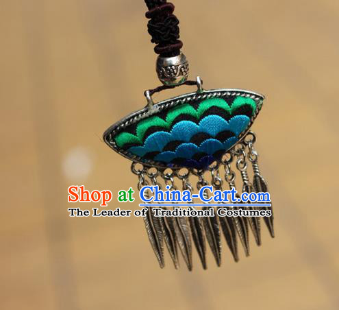 Traditional Chinese Miao Nationality Crafts Jewelry Accessory, Hmong Handmade Miao Silver Tassel Embroidery Flowers Pendant, Miao Ethnic Minority Bells Necklace Accessories Sweater Chain Pendant for Women