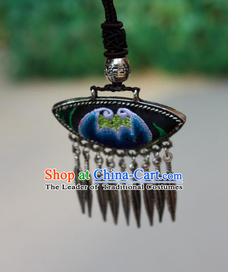 Traditional Chinese Miao Nationality Crafts Jewelry Accessory, Hmong Handmade Miao Silver Tassel Embroidery Flowers Pendant, Miao Ethnic Minority Bells Necklace Accessories Sweater Chain Pendant for Women