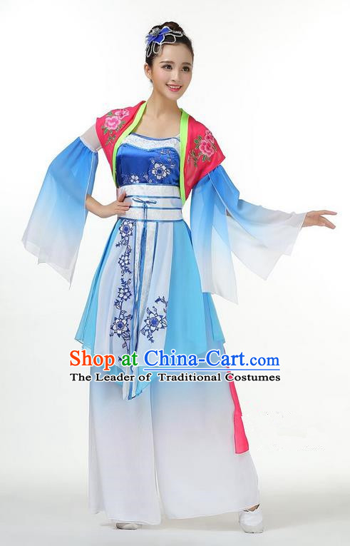 Traditional Chinese Yangge Fan Dancing Costume, Folk Dance Yangko Mandarin Sleeve Dress Blue and White Porcelain Uniforms, Classic Umbrella Dance Elegant Dress Drum Dance Clothing for Women