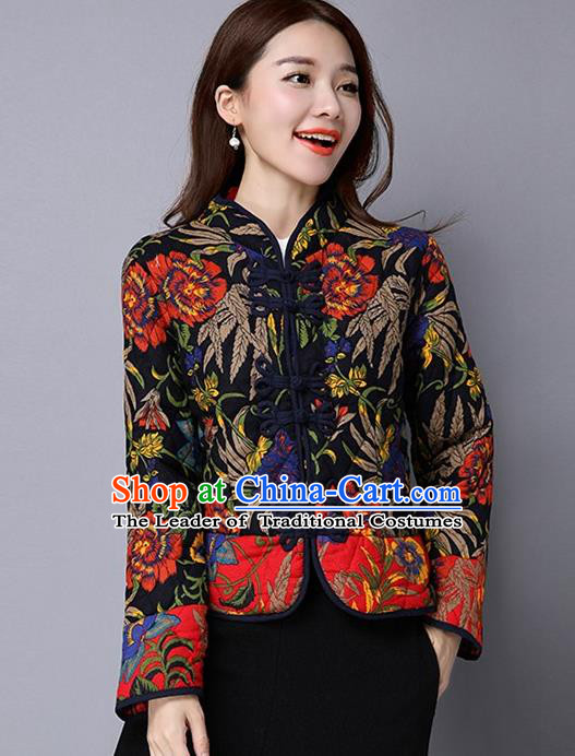 Traditional Ancient Chinese National Costume, Elegant Hanfu Coat, China Tang Suit Stand Collar Cotton-Padded Coat, Upper Outer Garment Embroidered Black Jacket Clothing for Women