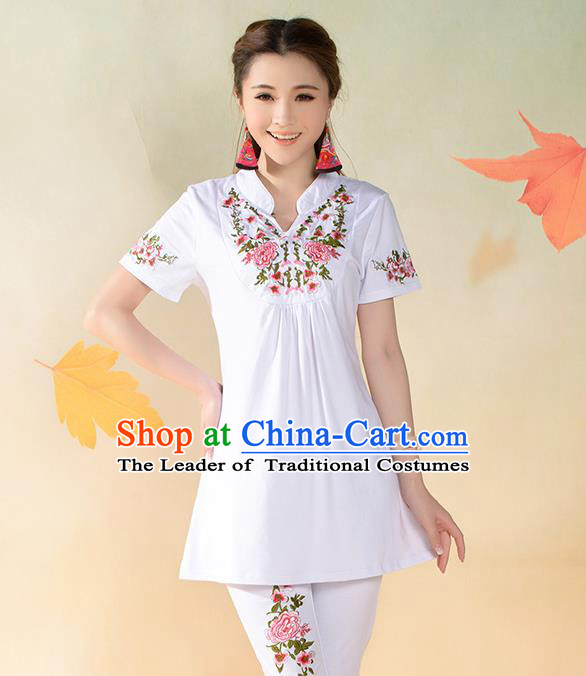 Traditional Ancient Chinese National Costume, Elegant Hanfu T-Shirt, China Tang Suit Mandarin Collar White Blouse Cheongsam Upper Outer Garment Clothing for Women