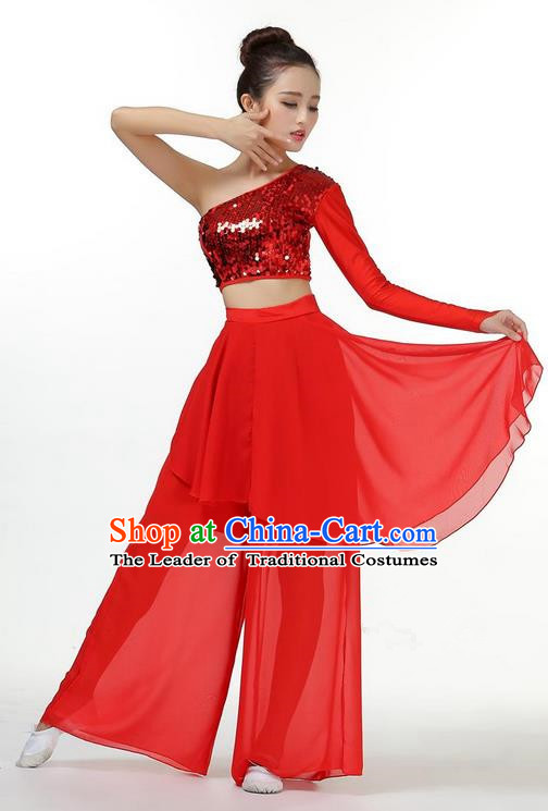 Traditional Chinese Yangge Fan Dancing Costume, Folk Dance Yangko Dress and Pants Paillette Single Shoulder Uniforms, Classic Umbrella Lotus Dance Elegant Dress Drum Dance Red Clothing for Women