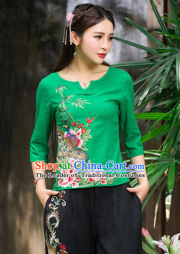 Traditional Ancient Chinese National Costume, Elegant Hanfu Embroidered Peacock Peony Shirt, China National Minority Tang Suit Green Blouse Cheongsam Upper Outer Garment Clothing for Women