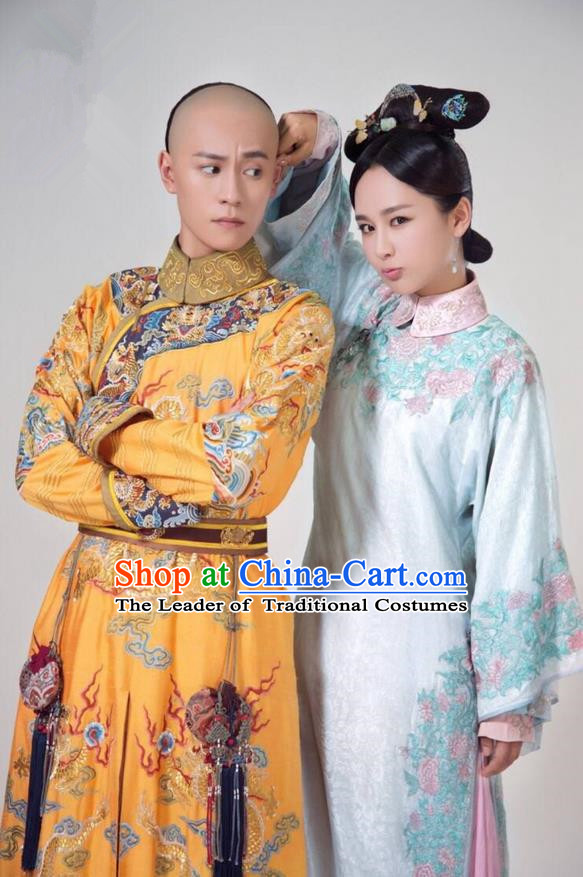 Traditional Ancient Chinese Imperial Emperor Costume, Chinese Qing Dynasty Manchu Palace Majesty Dress, Chinese Legend of Dragon Ball Mandarin King Dragon Robes, Ancient China Imperial Padishah Embroidered Clothing for Men