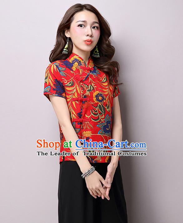 Traditional Ancient Chinese National Costume, Elegant Hanfu Plated Buttons Shirt, China Tang Suit Embroidered Red Blouse Cheongsam Upper Outer Garment Shirts Clothing for Women