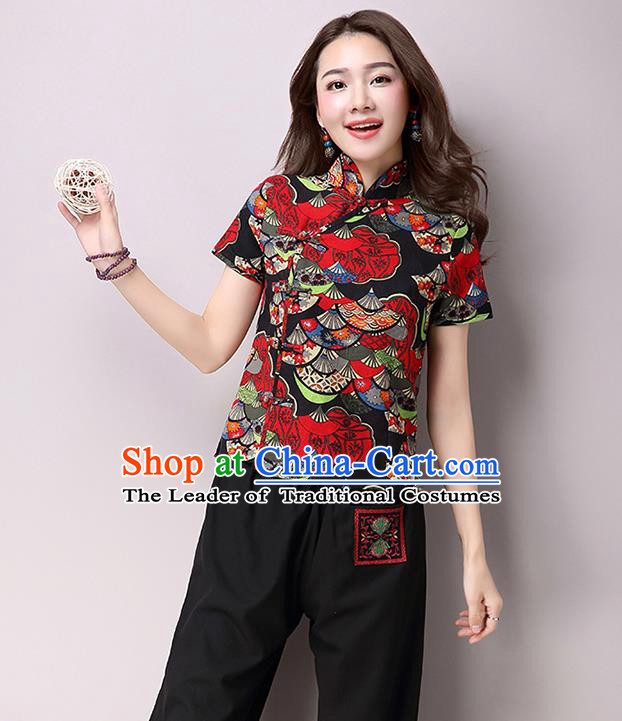 Traditional Ancient Chinese National Costume, Elegant Hanfu Plated Buttons Short Sleeve Shirt, China Tang Suit Embroidered Blue Blouse Cheongsam Upper Outer Garment Shirts Clothing for Women