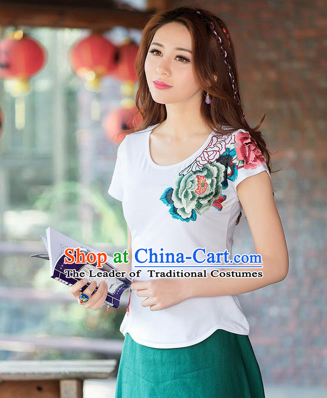 Traditional Ancient Chinese National Costume, Elegant Hanfu Round Collar T-Shirt, China Tang Suit Embroidered Peony White Blouse Cheongsam Upper Outer Garment Shirts Clothing for Women