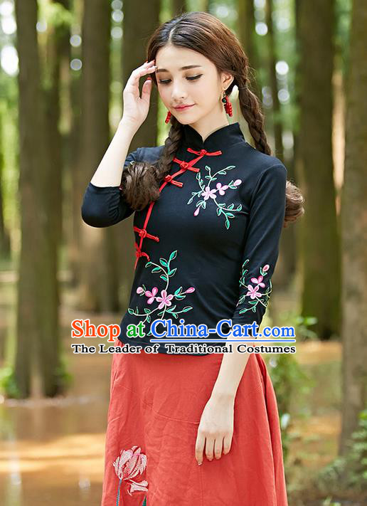 Traditional Ancient Chinese National Costume, Elegant Hanfu Plated Buttons Black Shirt, China Tang Suit Embroidery Plum Blossom Blouse Cheongsam Blouse Upper Outer Garment Shirt Clothing for Women