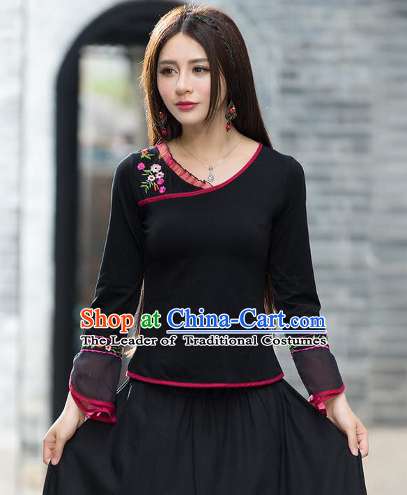 Traditional Ancient Chinese National Costume, Elegant Hanfu Embroidered T-Shirt, China Tang Suit Embroidered Mandarin Sleeve Blouse Cheongsam Upper Outer Garment Shirts Clothing for Women