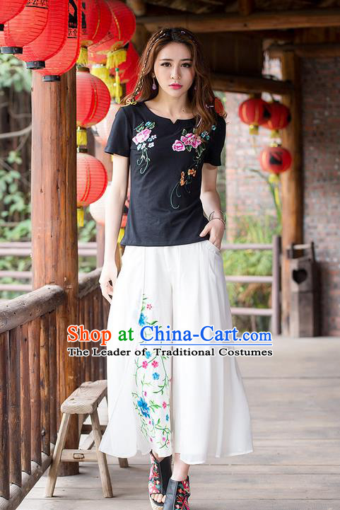 Traditional Ancient Chinese National Costume Loose Pants, Elegant Hanfu Embroidering Flower White Pants, China Tang Suit Linen Wide Leg Pants for Women