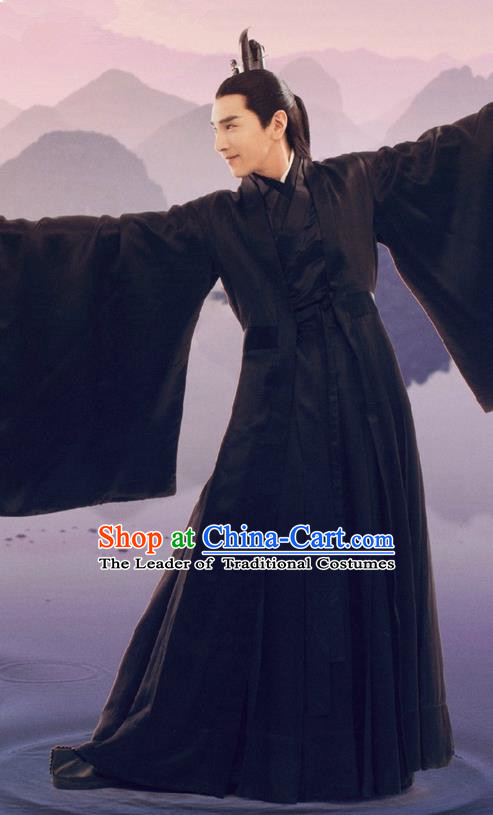 Traditional Ancient Chinese Elegant Swordsman Black Costume, Chinese Han Dynasty Male Prince Robe Dress, Cosplay Ten Great III of Peach Blossom Nobility Childe Ye hua Chinese Imperial Crown Prince Hanfu Clothing for Men