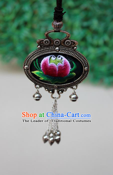 Traditional Chinese Miao Nationality Crafts Jewelry Accessory, Hmong Handmade Miao Silver Bells Tassel Double Side Embroidery Flowers Pendant, Miao Ethnic Minority Bells Necklace Accessories Sweater Chain Pendant for Women