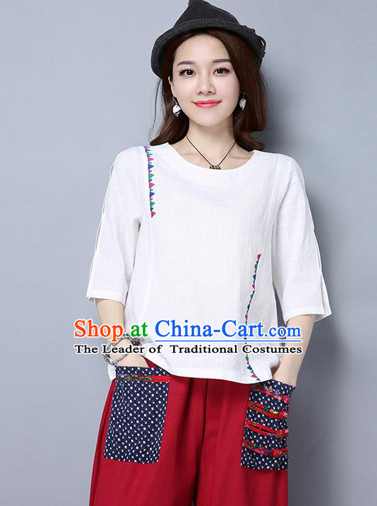 Traditional Ancient Chinese National Costume, Elegant Hanfu Embroidered T-Shirt, China Tang Suit Embroidered White Blouse Cheongsam Upper Outer Garment Qipao Shirts Clothing for Women