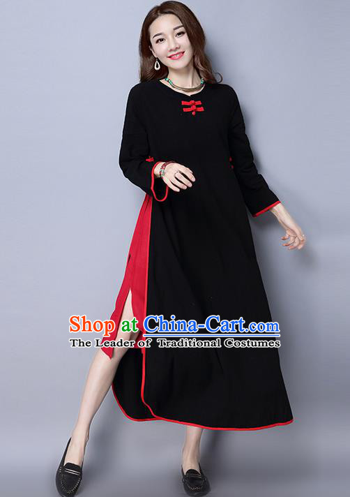 Traditional Ancient Chinese National Costume, Elegant Hanfu Linen Black Plated Buttons Dress, China Tang Suit Cheongsam Upper Outer Garment Elegant Dress Clothing for Women