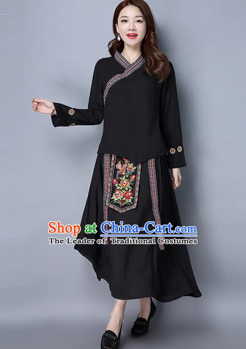 Traditional Ancient Chinese Ancient Costume, Elegant Hanfu Clothing Black Embroidered Blouse and Skirt, China Tang Dynasty Folk Dance Blouse and Skirt Complete Set for Women