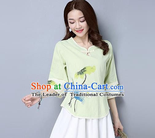 Traditional Ancient Chinese National Costume, Elegant Hanfu Painting Lotus T-Shirt, China Tang Suit Green Blouse Cheongsam Upper Outer Garment Qipao Shirts Clothing for Women