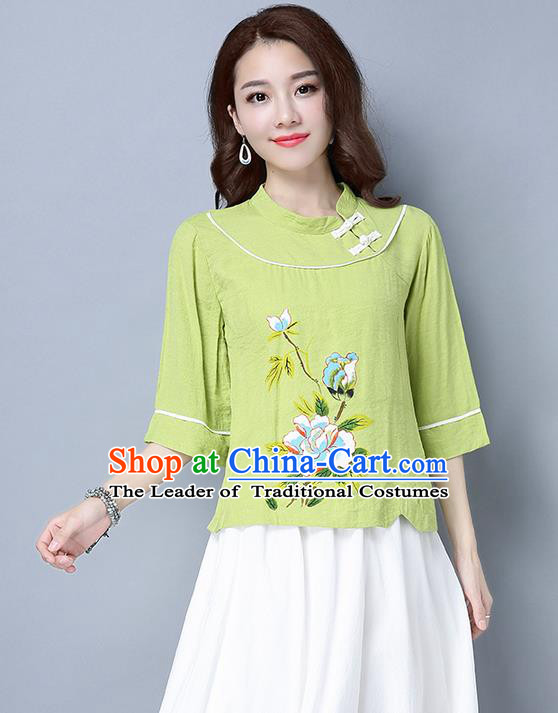 Traditional Ancient Chinese National Costume, Elegant Hanfu Stand Collar Plated Buttons Qipao T-Shirt, China Tang Suit Embroidered Green Blouse Cheongsam Upper Outer Garment Shirts Clothing for Women