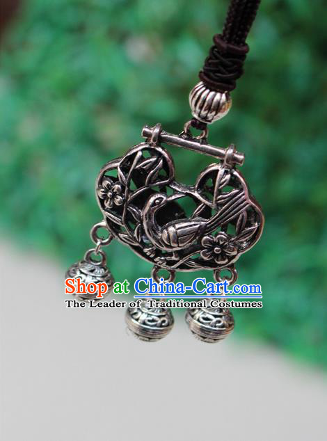 Traditional Chinese Miao Nationality Crafts Jewelry Accessory, Hmong Handmade Miao Silver Bells Tassel Longevity Lock Phoenix Pendant, Miao Ethnic Minority Necklace Accessories Sweater Chain Pendant for Women