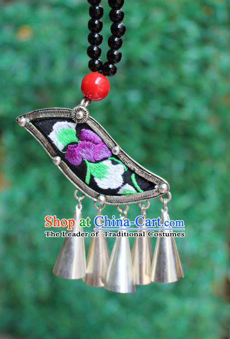 Traditional Chinese Miao Nationality Crafts Jewelry Accessory, Hmong Handmade Miao Silver Bells Tassel Double Side Embroidery Flowers Pendant, Miao Ethnic Minority Bells Black Rope Necklace Accessories Sweater Chain Pendant for Women