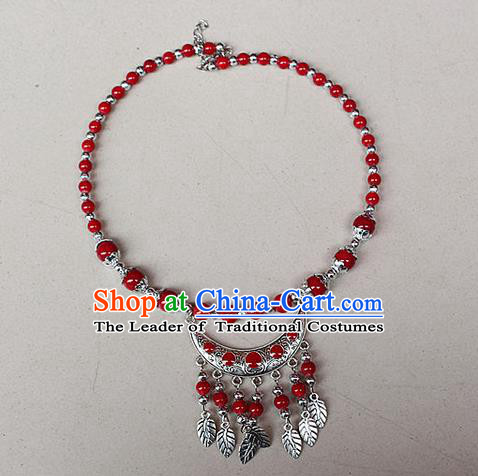 Traditional Chinese Miao Nationality Crafts Jewelry Accessory, Hmong Handmade Miao Silver Bells Tassel Collar, Miao Ethnic Minority Beads Necklace Accessories Headwear for Women