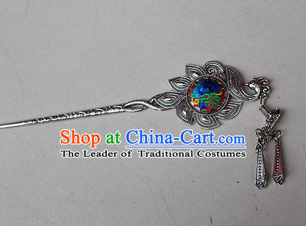 Traditional Chinese Miao Nationality Crafts Jewelry Accessory Classical Hair Accessories, Hmong Handmade Miao Silver Phoenix Palace Lady Tassel Embroidery Hair Sticks Hair Claw, Miao Ethnic Minority Hair Fascinators Hairpins for Women