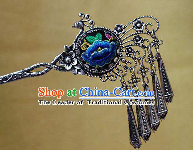 Traditional Chinese Miao Nationality Crafts Jewelry Accessory Classical Hair Accessories, Hmong Handmade Miao Silver Phoenix Palace Lady Tassel Embroidery Hair Sticks Hair Claw, Miao Ethnic Minority Hair Fascinators Hairpins for Women