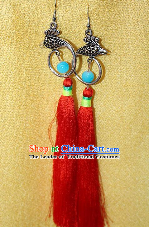 Traditional Chinese Miao Nationality Crafts Jewelry Accessory Classical Earbob Accessories, Hmong Handmade Miao Silver Phoenix Palace Lady Red Silk Tassel Earrings, Miao Ethnic Minority Eardrop for Women