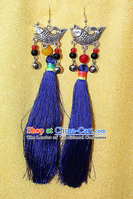 Traditional Chinese Miao Nationality Crafts Jewelry Accessory Classical Earbob Accessories, Hmong Handmade Miao Silver Fish Palace Lady Royalblue Silk Tassel Earrings, Miao Ethnic Minority Eardrop for Women