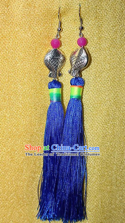 Traditional Chinese Miao Nationality Crafts Jewelry Accessory Classical Earbob Accessories, Hmong Handmade Miao Silver Kiss Fish Palace Lady Blue Silk Tassel Earrings, Miao Ethnic Minority Eardrop for Women