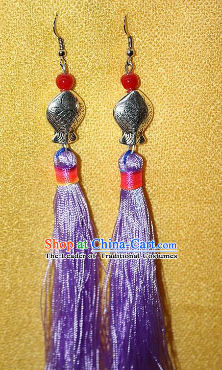 Traditional Chinese Miao Nationality Crafts Jewelry Accessory Classical Earbob Accessories, Hmong Handmade Miao Silver Kiss Fish Palace Lady Purple Silk Tassel Earrings, Miao Ethnic Minority Eardrop for Women