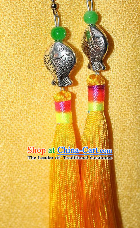 Traditional Chinese Miao Nationality Crafts Jewelry Accessory Classical Earbob Accessories, Hmong Handmade Miao Silver Kiss Fish Palace Lady Yellow Silk Tassel Earrings, Miao Ethnic Minority Eardrop for Women