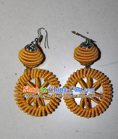 Traditional Chinese Miao Nationality Crafts Jewelry Accessory Classical Earbob Accessories, Hmong Handmade Kinking Palace Lady Round Earrings, Miao Ethnic Minority Weave Eardrop for Women