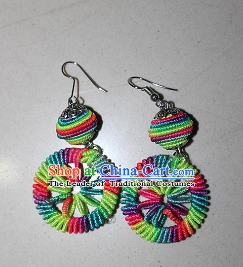 Traditional Chinese Miao Nationality Crafts Jewelry Accessory Classical Earbob Accessories, Hmong Handmade Kinking Palace Lady Round Earrings, Miao Ethnic Minority Weave Eardrop for Women